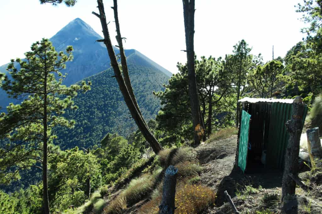 Campsite with view of Fuego during Acatenango hike tour