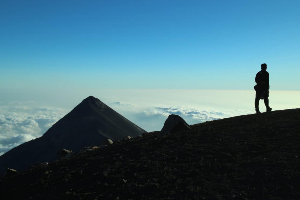 lone hiker on Acatenango volcano summit
