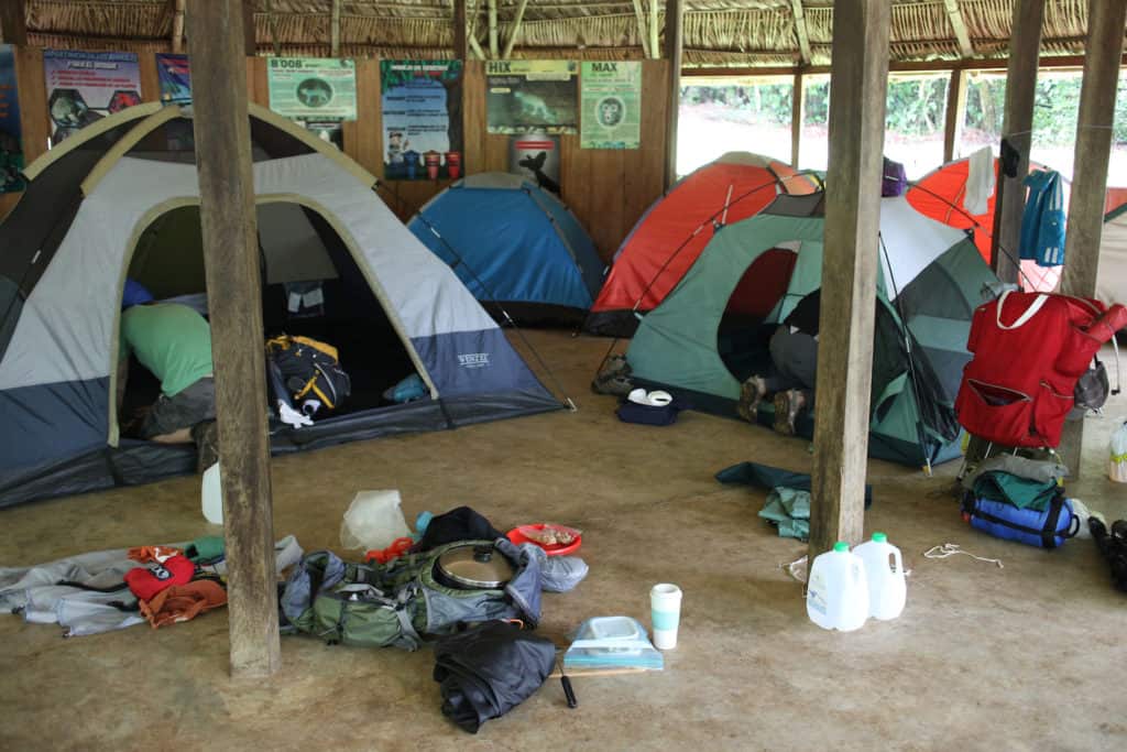 Camping in the main hut at Laguna Lachuá