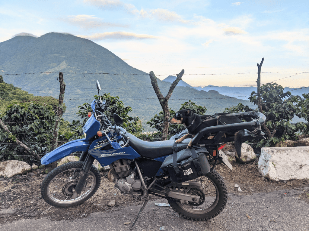 A quick stop an overlook above San Lucas Toliman, enroute to Tecojate with my dog on board my motorcycle.