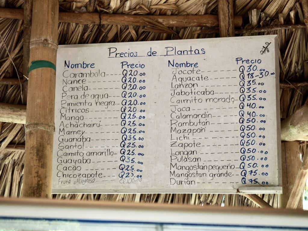 Price list of plants sold at Vivero Frutas del Mundo Izabal in December 2021