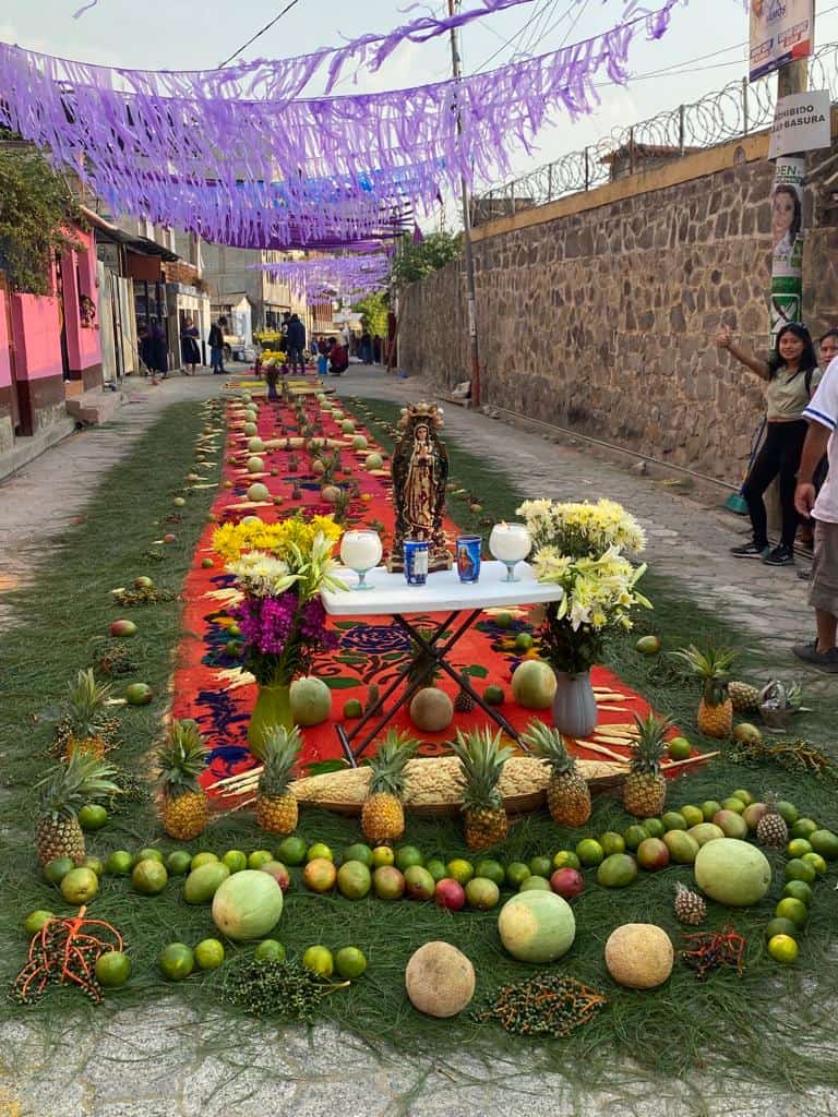 La alfombra de la procesión de Pascua terminada, hecha con hojas de pino, serrín de madera y decorada con frutas y flores locales.