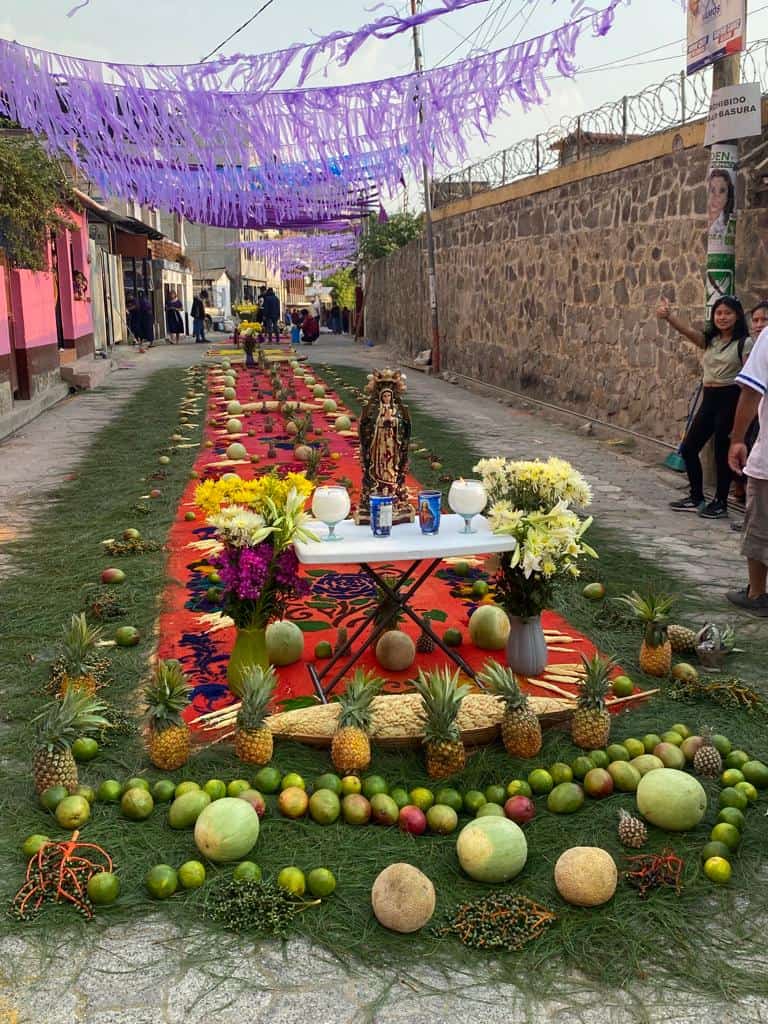 The completed Easter procession carpet made from pine needles, wood shavings, and decorated with local fruits and flowers