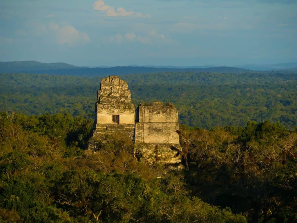 Temples 1 and 2 as seen from Temple 4, poking above the jungle in Tikal national Park. These are some of the sights you can see on Tikal tours from Flores.